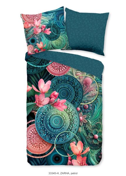 HIP Bettwäsche 155x220 + 1 x 80x80 cm Mako Satin Zarha Mandalas und Blumen blau