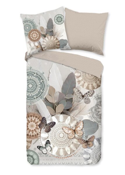 HIP Bettwäsche 135x200 + 1 x 80x80 cm Mako Satin Alrune Mandalas mit Federn und Schmetterlingen grau