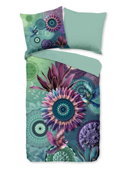 HIP Bettw&auml;sche 135x200 + 1 x 80x80 cm Mako Satin Vespera Mandalas mit Pflanzen und V&ouml;geln gr&uuml;n
