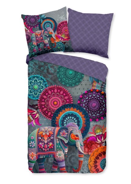 HIP Bettwäsche 155x220 + 1 x 80x80 cm Mako Satin Abhay bunte Mandalas und ein Elefant lila