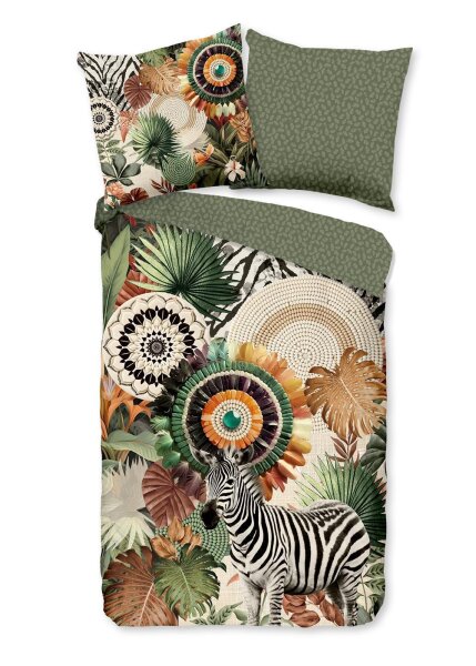 HIP Bettwäsche 135x200 + 1 x 80x80 cm Mako Satin Janay Mandalas, Blätter und ein Zebra grün