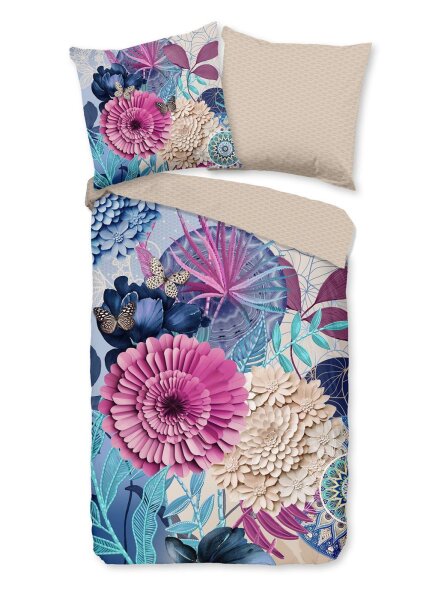 HIP Bettw&auml;sche 135x200 + 1 x 80x80 cm Mako Satin Nishell Mandalas, Bl&auml;tter und Schmetterlinge blau