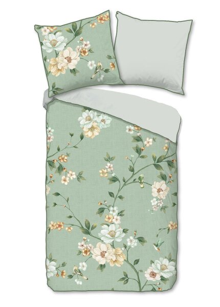 Descanso Bettwäsche 155x220 + 1 x 80x80 cm Mako Satin Sizena Blumen grün