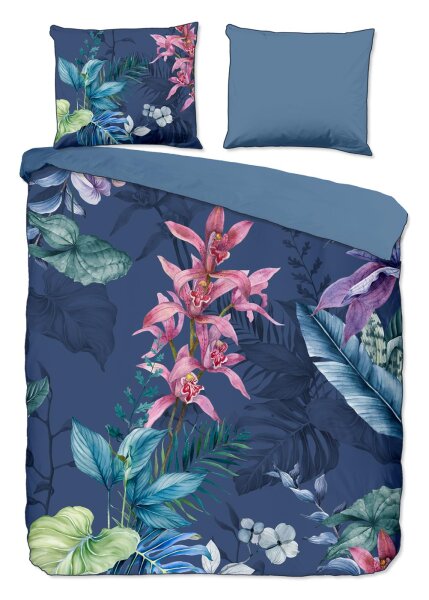 Descanso Bettwäsche 155x220 + 1 x 80x80 cm Mako Satin Mae Blumen und Blätter blau