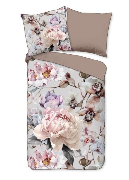 Descanso Bettwäsche 200x200 + 2 x 80x80 cm Mako Satin Colinda Blumen grau