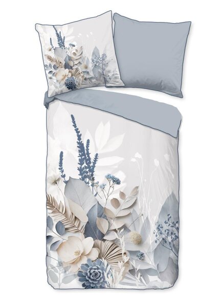 Descanso Bettwäsche 200x200 + 2 x 80x80 cm Mako Satin Junte Blumen und Blätter grau