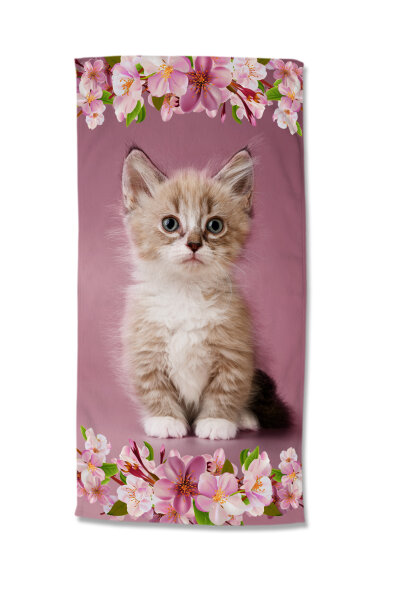 Good Morning Strandtuch 75x150 cm Frottee Look K&auml;tzchen Katze mit Blumen rosa