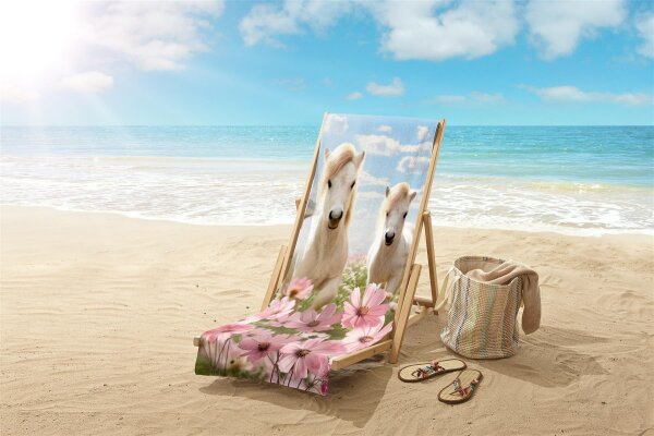Good Morning Strandtuch 75x150 cm Frottee Philou Wei&szlig;e Pferde mit Blumen rosa