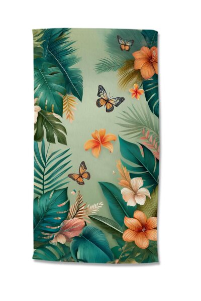 Good Morning Strandtuch 100x180 cm Frottee Joelle Dschungel mit tropischen Blumen und Schmetterlingen gr&uuml;n
