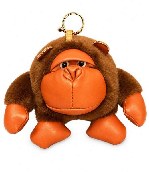 Gorilla Schlüsselanhänger Plüsch mit Kunstleder – Flauschiger Taschenanhänger mit Karabiner – Schmuckaccessoire in Braun