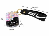 Schlüsselanhänger Nike mit Mini-Schneekugel und Sneaker – Dekorativer Taschenanhänger mit Glitzer, Kugeln und Silikonband – Geschenkidee
