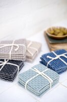 Knit Factory | Gestrickte Glasuntersetzer Block Ecru/Jeans - 4er Set | Creme;Dunkelblau