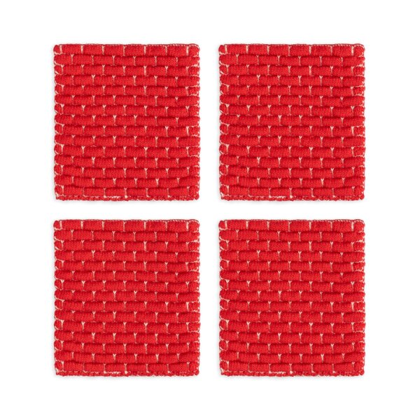 Knit Factory | Gestrickte Glasuntersetzer Block Ecru/Rot - 4er Set | Creme;Rot