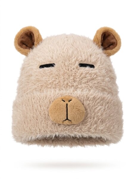 Capybaramütze Braun One Size, flauschige Wintermütze mit Ohren