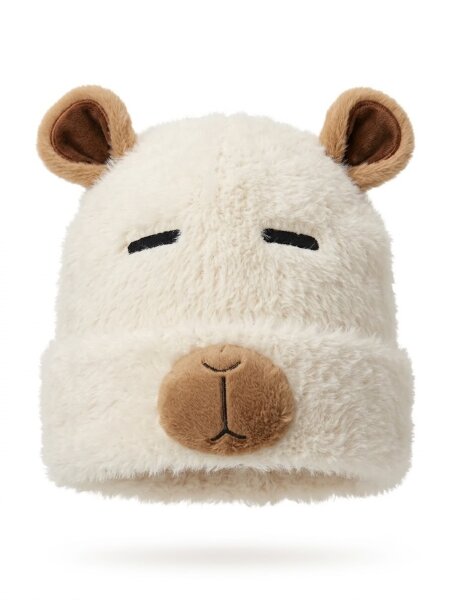 Capybaramütze Beige One Size, flauschige Wintermütze mit Ohren