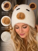 Capybaramütze Beige One Size, flauschige Wintermütze mit Ohren