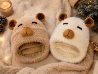 Capybaramütze Beige One Size, flauschige Wintermütze mit Ohren