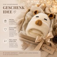 Capybaramütze Beige One Size, flauschige Wintermütze mit Ohren