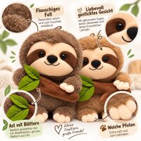 Faultier Kuscheltier mit Ast & Blättern 27 cm Braun sortiert Plüsch – weichers Faultier mit Stock | Farbe zufällig