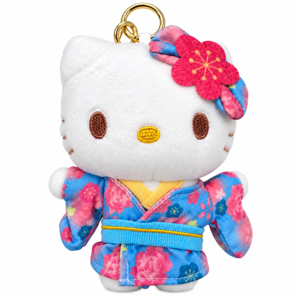 Hello Kitty Plüsch Schlüsselanhänger 12 cm Kimono Blumen Design blau Taschenanhänger Kuscheltier Plüschtier Bagclip Stofftier Plush Cute Weihnachten Geschenke für Kinder