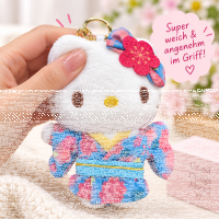 Hello Kitty Plüsch Schlüsselanhänger 12 cm Kimono Blumen Design blau Taschenanhänger Kuscheltier Plüschtier Bagclip Stofftier Plush Cute Weihnachten Geschenke für Kinder