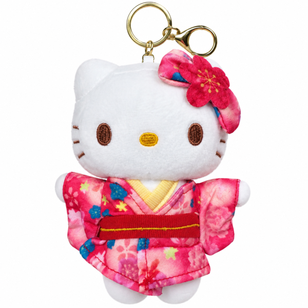 Hello Kitty Plüsch Schlüsselanhänger 12 cm Kimono Blumen Design rot Taschenanhänger Kuscheltier Plüschtier Bagclip Stofftier Plush Cute Weihnachten Geschenke für Kinder