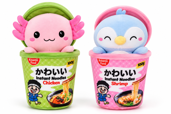Kawaii Nudelbecher Plüsch Kuscheltier 2er Set – 17 cm Axolotl & Pinguin