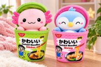 Kawaii Nudelbecher Plüsch Kuscheltier 2er Set – 17 cm Axolotl & Pinguin