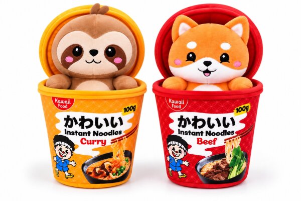 Kawaii Nudelbecher Plüsch Kuscheltier 2er Set – 17 cm Faultier & Fuchs