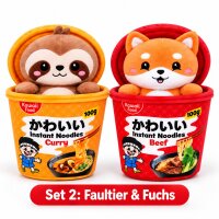 Kawaii Nudelbecher Plüsch Kuscheltier 2er Set – 17 cm Faultier & Fuchs