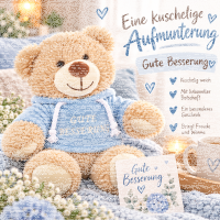 Teddybär Kuscheltier Stofftier Gute Besserung 33 cm mit blauem Kapuzenpullover