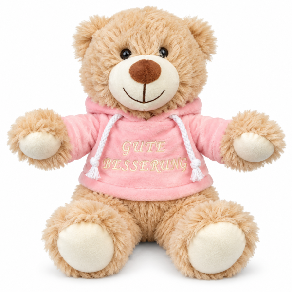 Teddybär Kuscheltier Stofftier Gute Besserung 33 cm mit rosa Kapuzenpullover