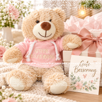 Teddybär Kuscheltier Stofftier Gute Besserung 33 cm mit rosa Kapuzenpullover