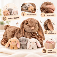Kuschelhase Mama mit 3 Baby-Häschen 50 cm – Plüschtier Spielset XL Kuscheltier Familie