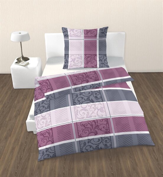 soma Biber Bettwäsche 4 teilig Bettbezug 135 x 200 cm Kopfkissenbezug 80 x 80 cm beere Streifen